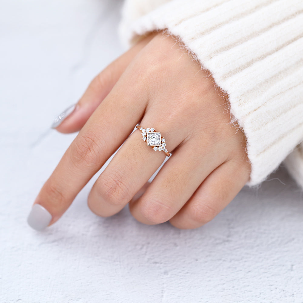 0.64 CT Princess Bezel & Cluster Lab-Grown Diamond Engagement Ring