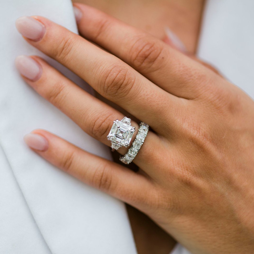 4.1 CT Asscher Three Stone Lab Grown Diamond Engagement Ring