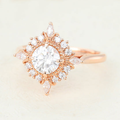 0.68 CT Round Vintage Cluster Moissanite Engagement Ring