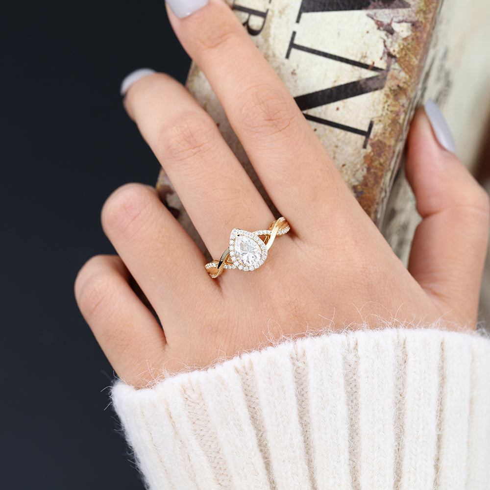 0.43 CT Pear Halo & Criss-Cross Pave Moissanite Engagement Ring