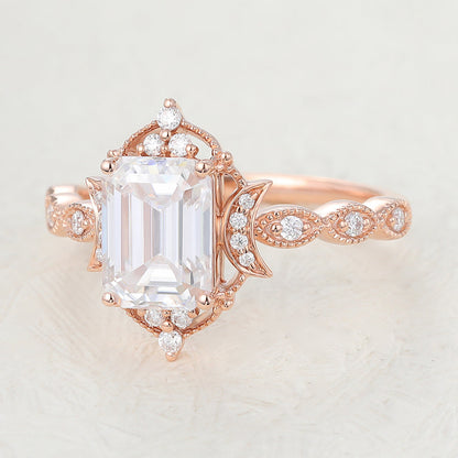 1.6 CT Emerald Vintage Cluster Moissanite Engagement Ring