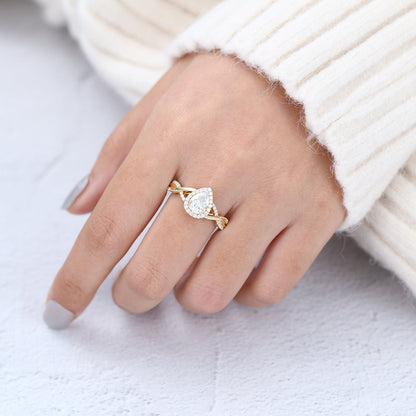 0.43 CT Pear Halo & Criss-Cross Pave Moissanite Engagement Ring
