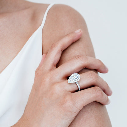 3.0 CT Pear Halo & Pave Lab Grown Diamond Engagement Ring