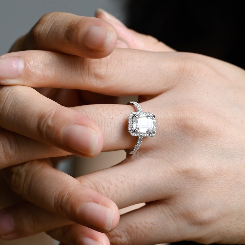 Stunning 1.0 - 2.0 CT Emerald Moissanite Engagement Ring with Pave and Halo Design 4