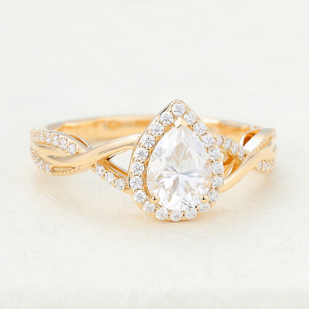 0.43 CT Pear Halo & Criss-Cross Pave Moissanite Engagement Ring