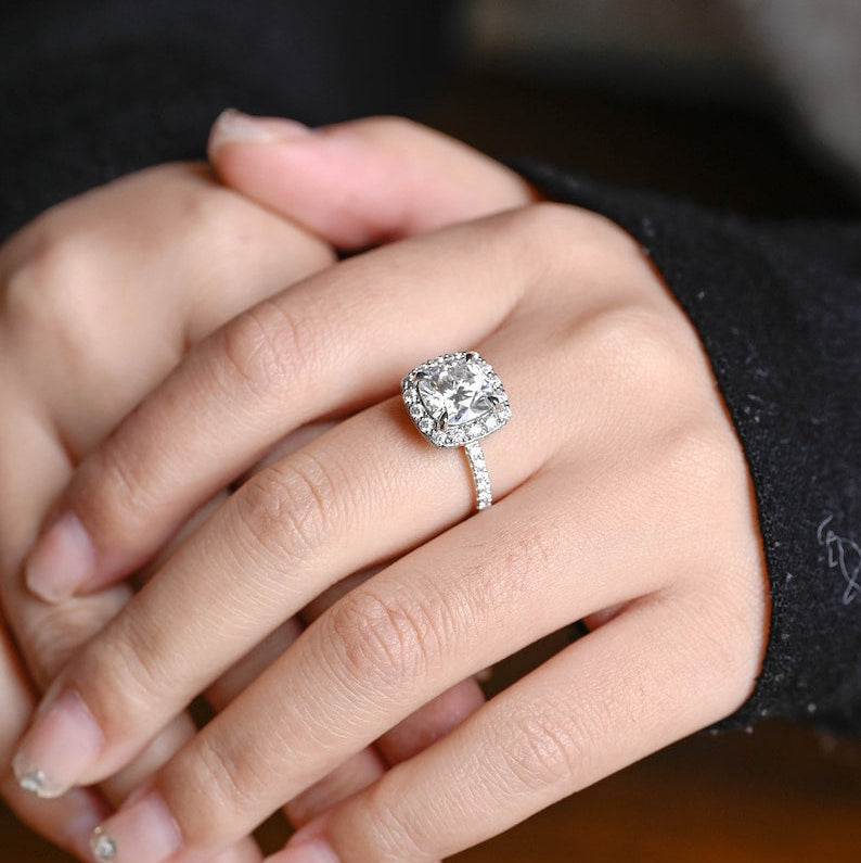 Stunning 1.0 - 2.0 CT Cushion Moissanite Engagement Ring With Pave & Halo Design 4