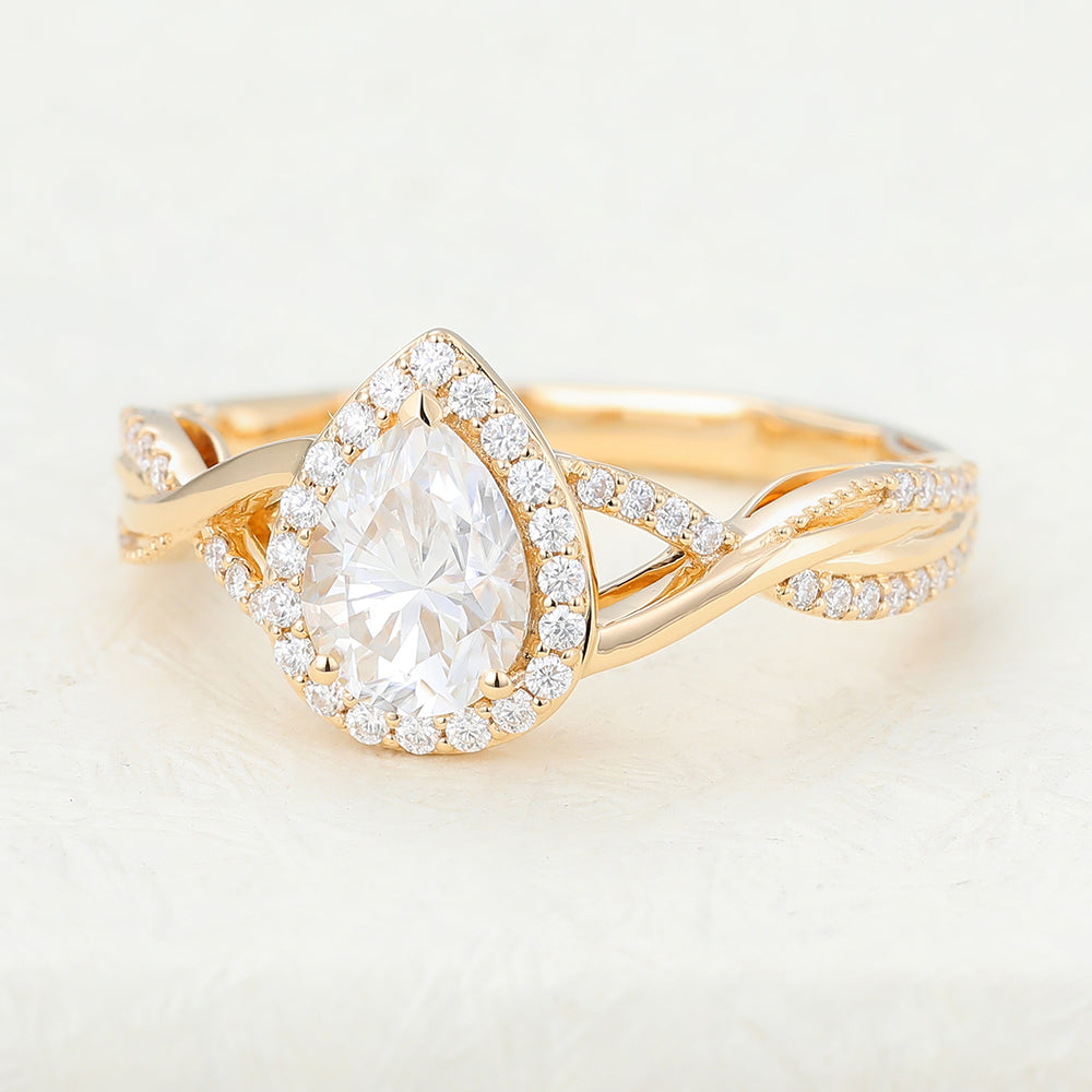 0.43 CT Pear Halo & Criss-Cross Pave Moissanite Engagement Ring