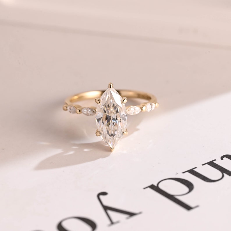 Stunning 1.0 - 2.0 CT Marquise Moissanite Engagement Ring with Pave & Hidden Halo Design 1