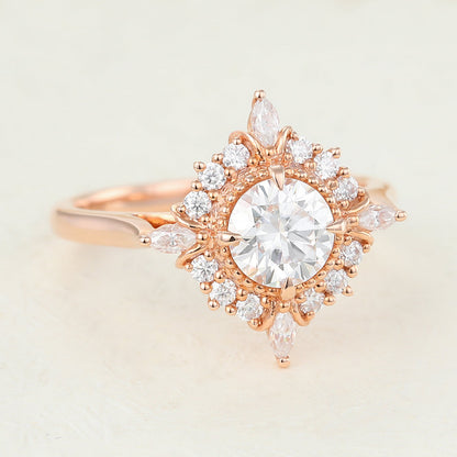 0.68 CT Round Vintage Cluster Moissanite Engagement Ring