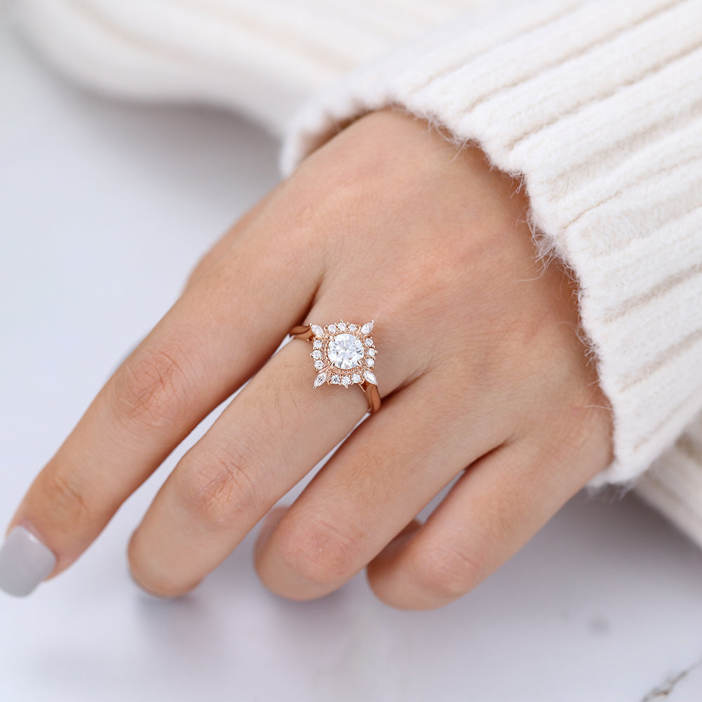 0.68 CT Round Vintage Cluster Moissanite Engagement Ring