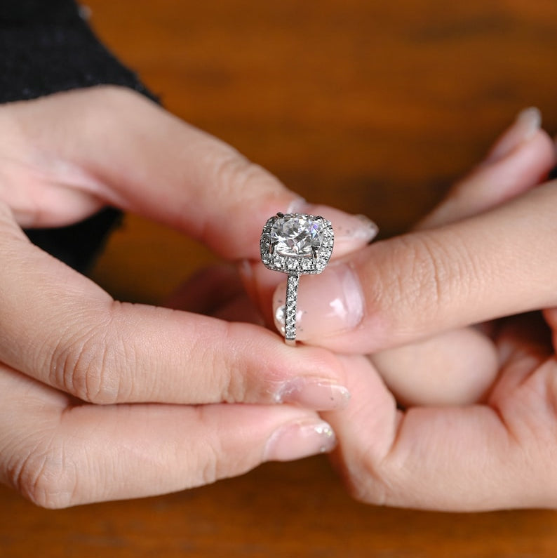 Stunning 1.0 - 2.0 CT Cushion Moissanite Engagement Ring With Pave & Halo Design 2