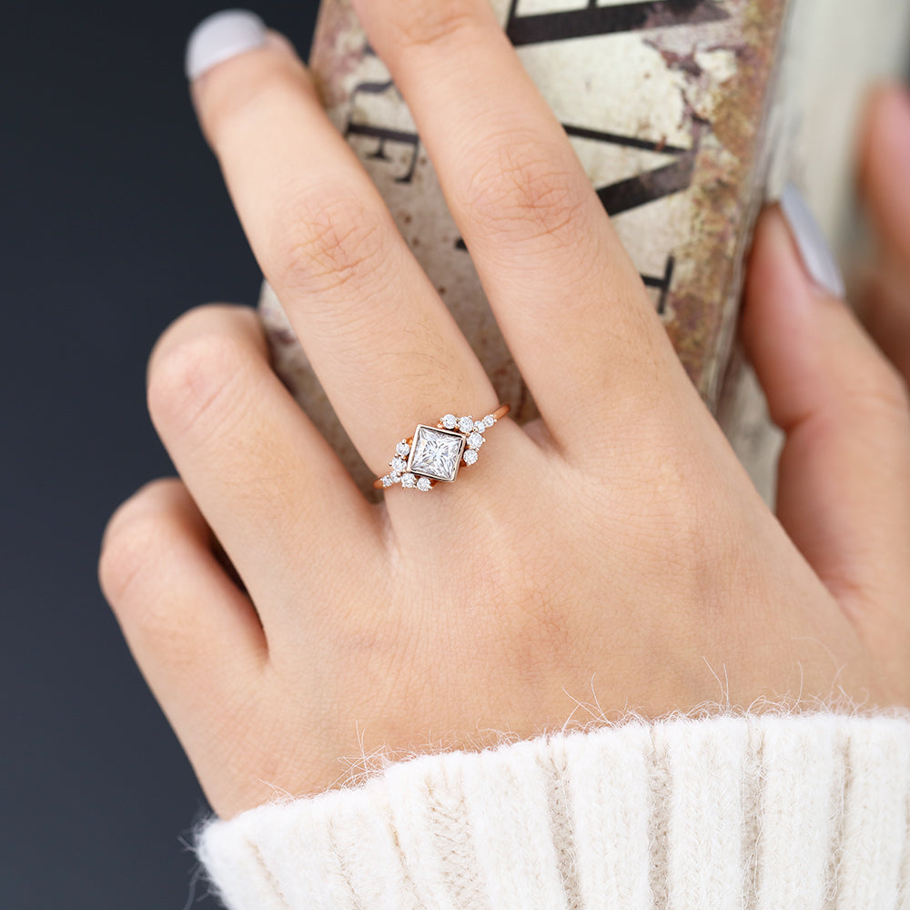 0.64 CT Princess Bezel & Cluster Lab-Grown Diamond Engagement Ring